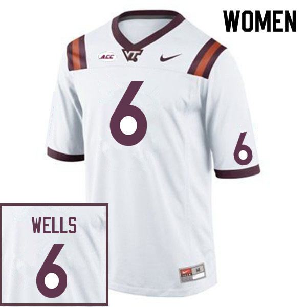 Women #6 Grant Wells Virginia Tech Hokies College Football Jerseys Sale-White - Click Image to Close